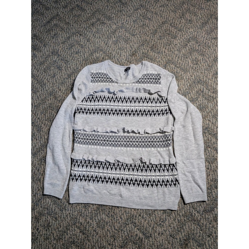 Talbots Womens Gray Fair Isle Ruffle Trim Long Sleeve Crewneck Sweater Size M
